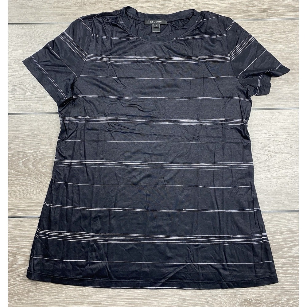 St.‎ John Women's Short Sliver Striped 100% Modal T Shirt Black Size Small